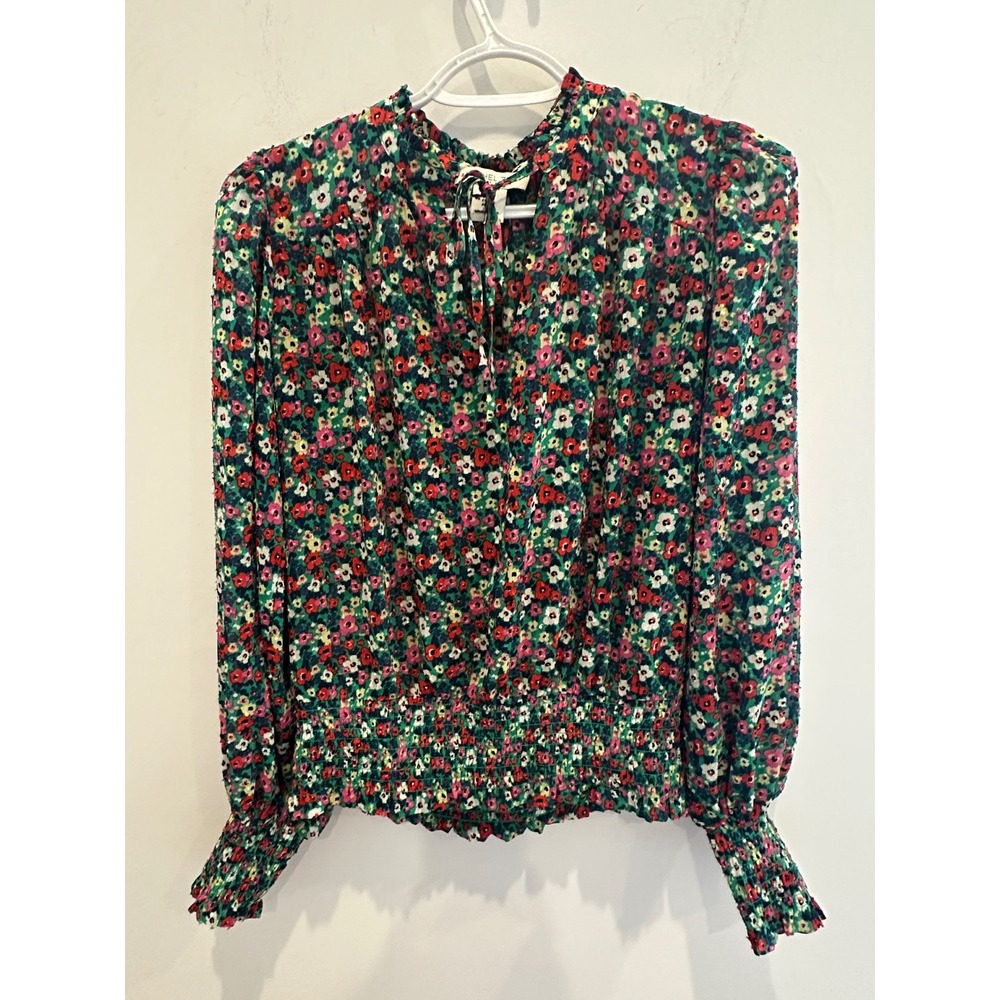 Rachel Zoe Floral Smocked Blouse Green Red Pink Ruffle Neck Long Sleeve Small